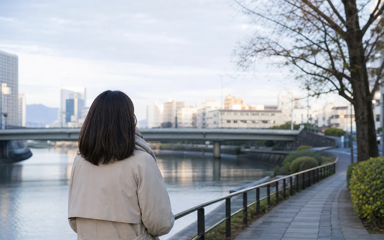 朝の川辺で立ち止まり考える女性の後ろ姿