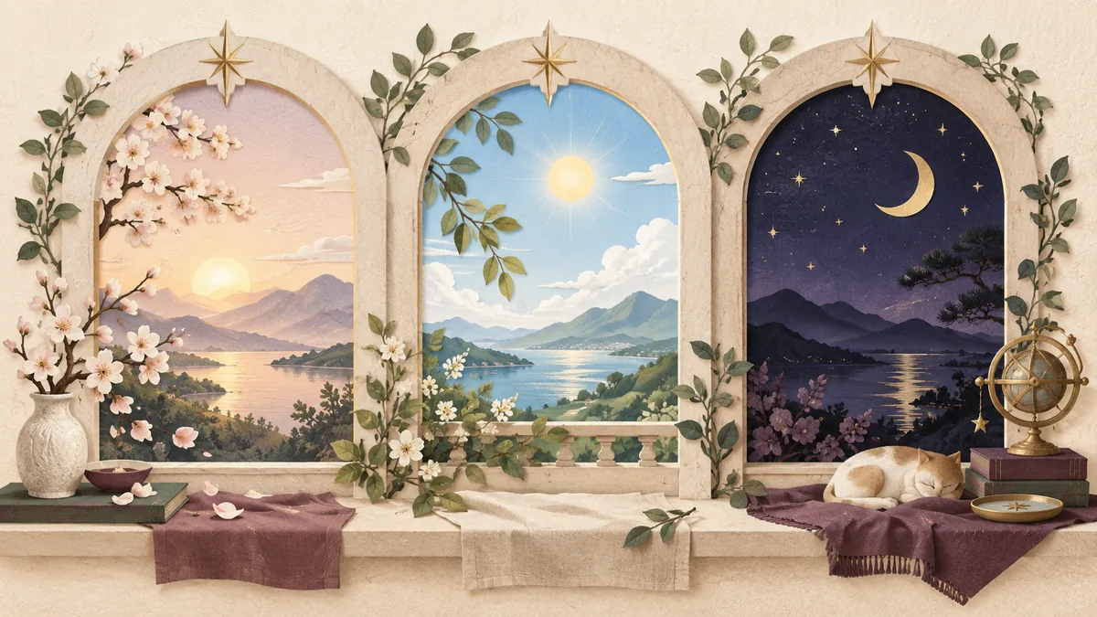 朝・昼・夜の景色を映す三つの窓と星のイラスト