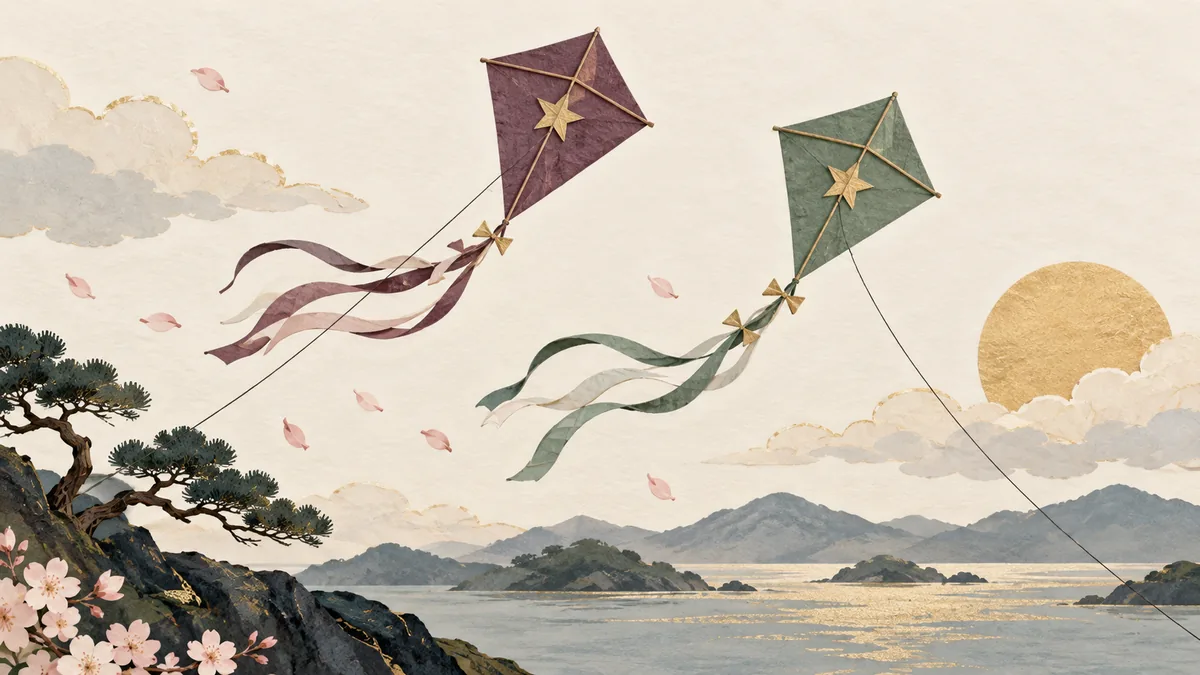 同じ星模様を付けた二つの凧が空を飛ぶイラスト