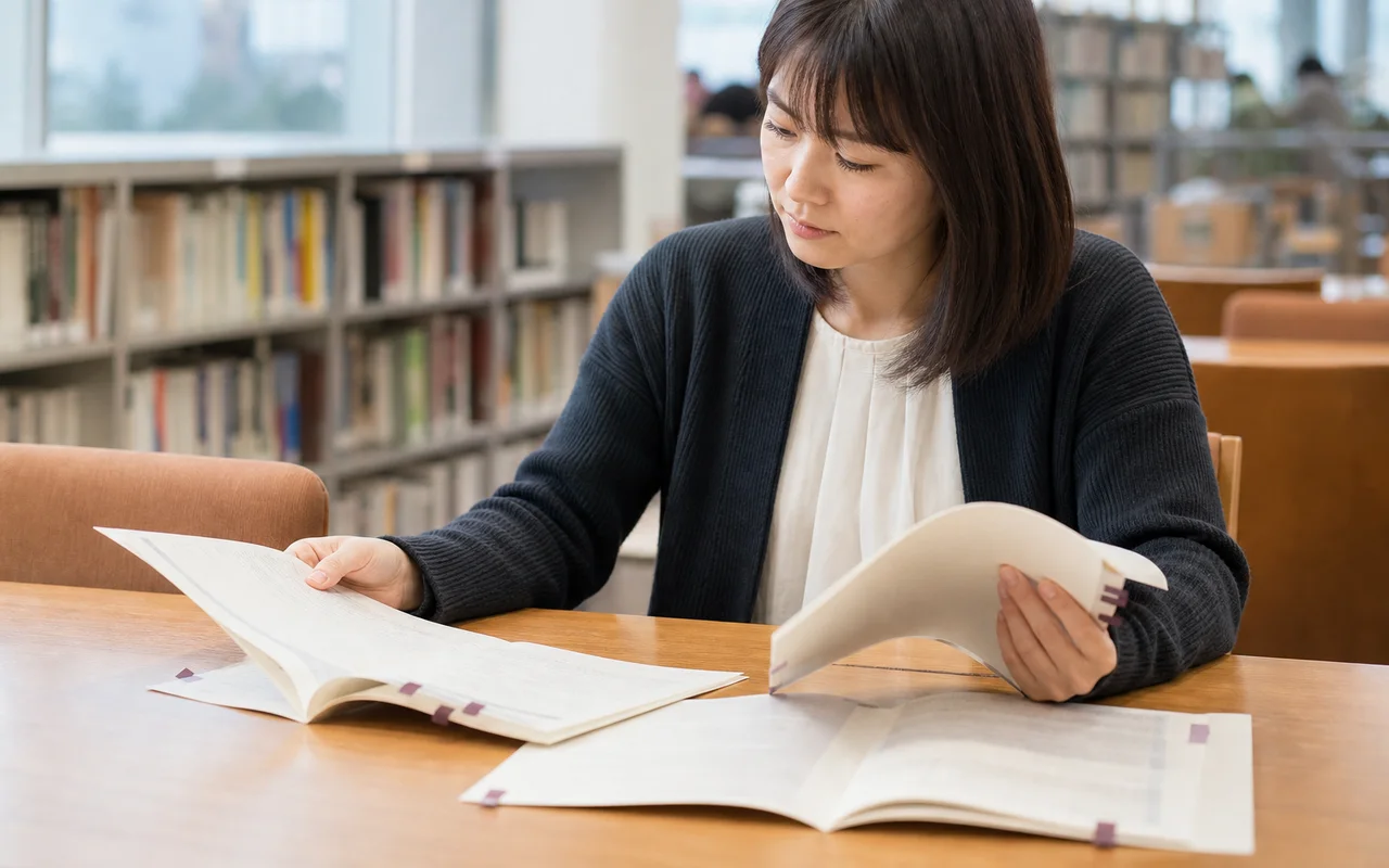 図書館で複数の資料を丁寧に比較する女性