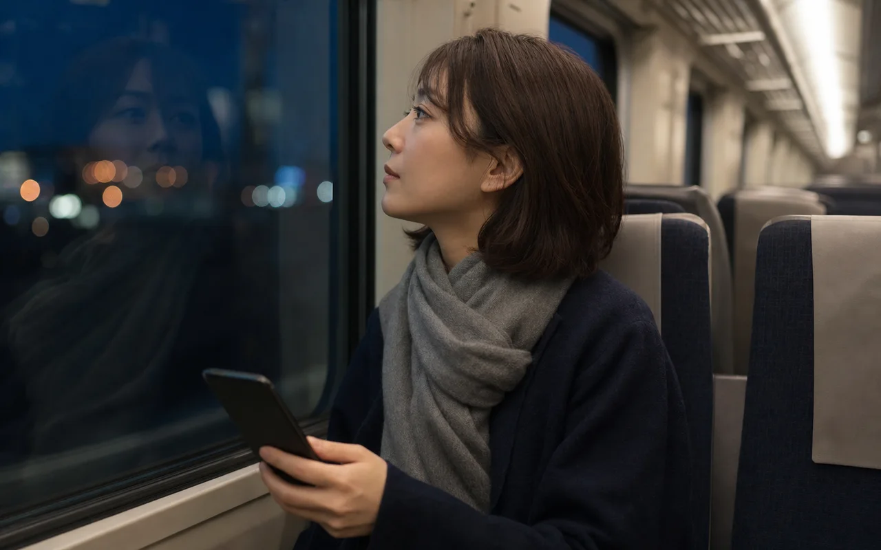 夜の電車で窓の外を見つめる女性