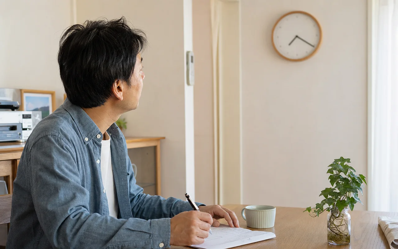 自宅で時計を確認しながら料金をメモする男性