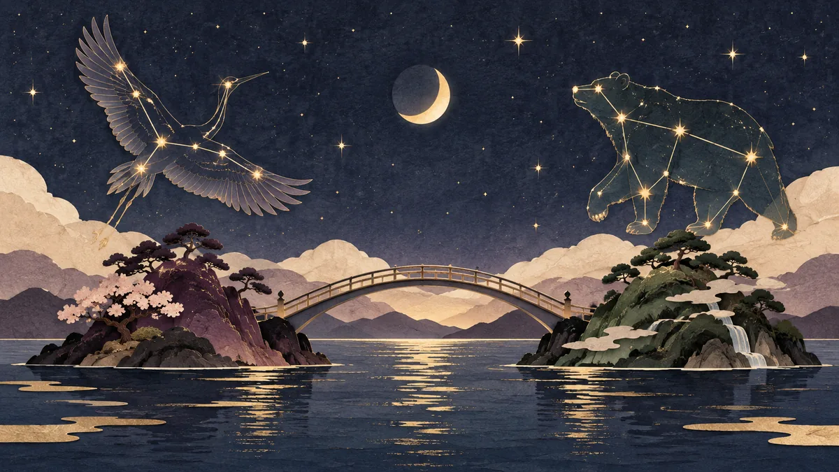 異なる二つの星座が浮かぶ島を、一本の橋がつなぐイラスト