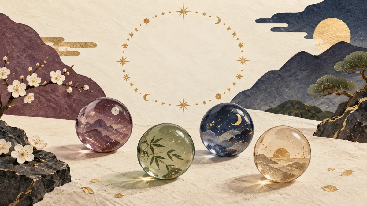 星の輪の下に、色の異なる四つのガラス玉が並ぶイラスト
