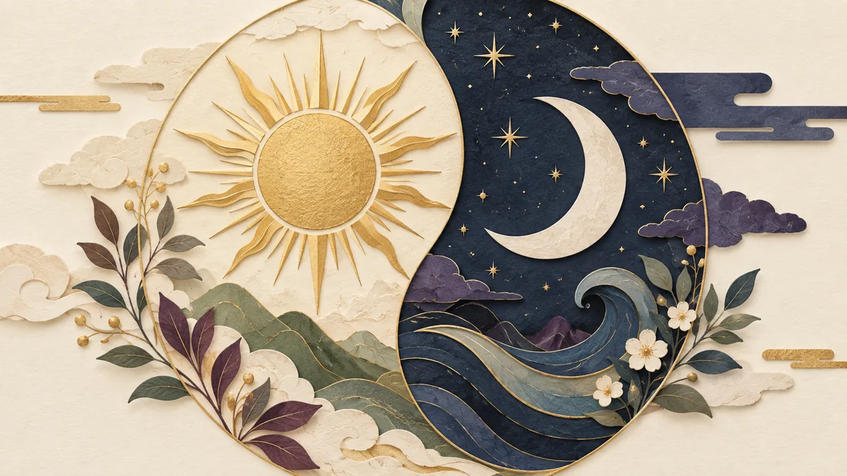 明るい太陽と夜空の月を対比した切り絵風のイラスト