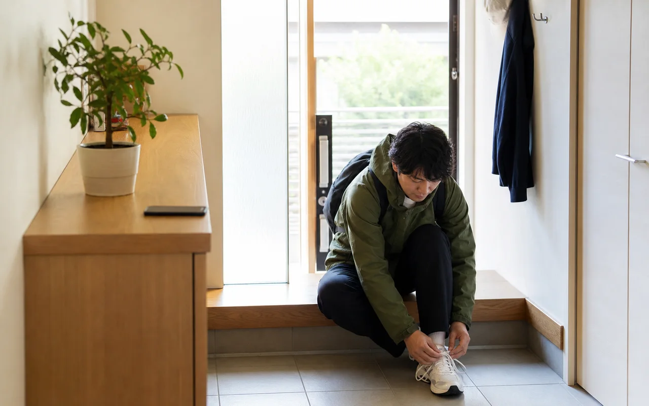 スマートフォンを棚に置き、玄関で靴を履く人