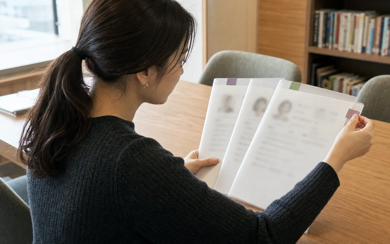 複数のプロフィール資料を見比べる女性