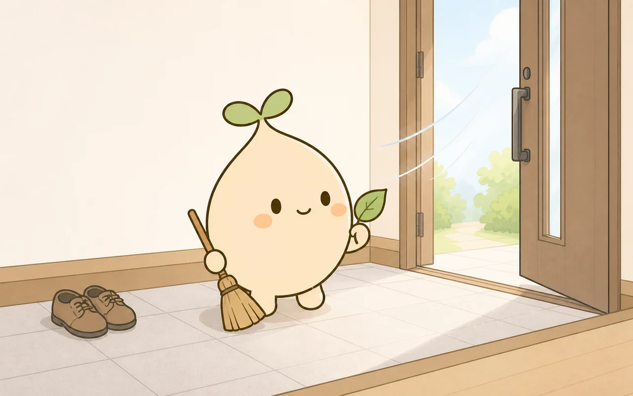 明るい玄関で、小さなほうきと葉を持つムク
