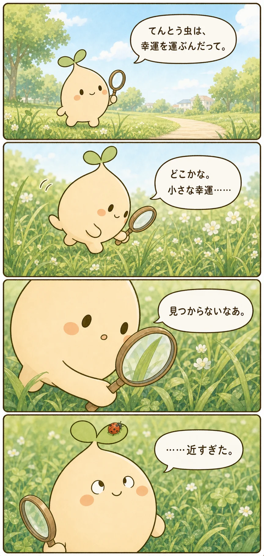 夏の公園でてんとう虫を探すムクが、自分の芽に止まっていた一匹に気づく台詞入り4コマ