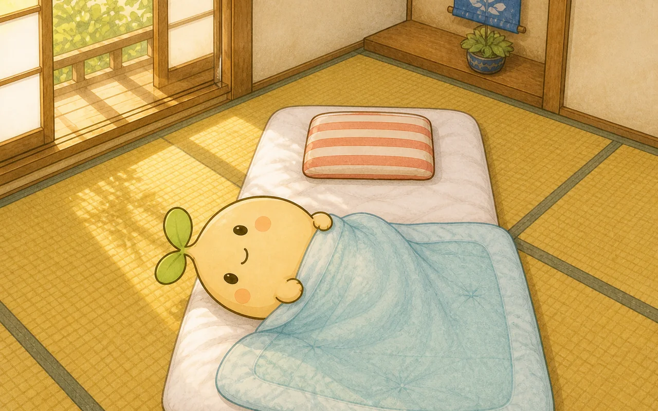 畳の部屋で、枕と直角の向きになって夏掛けから顔を出すムク