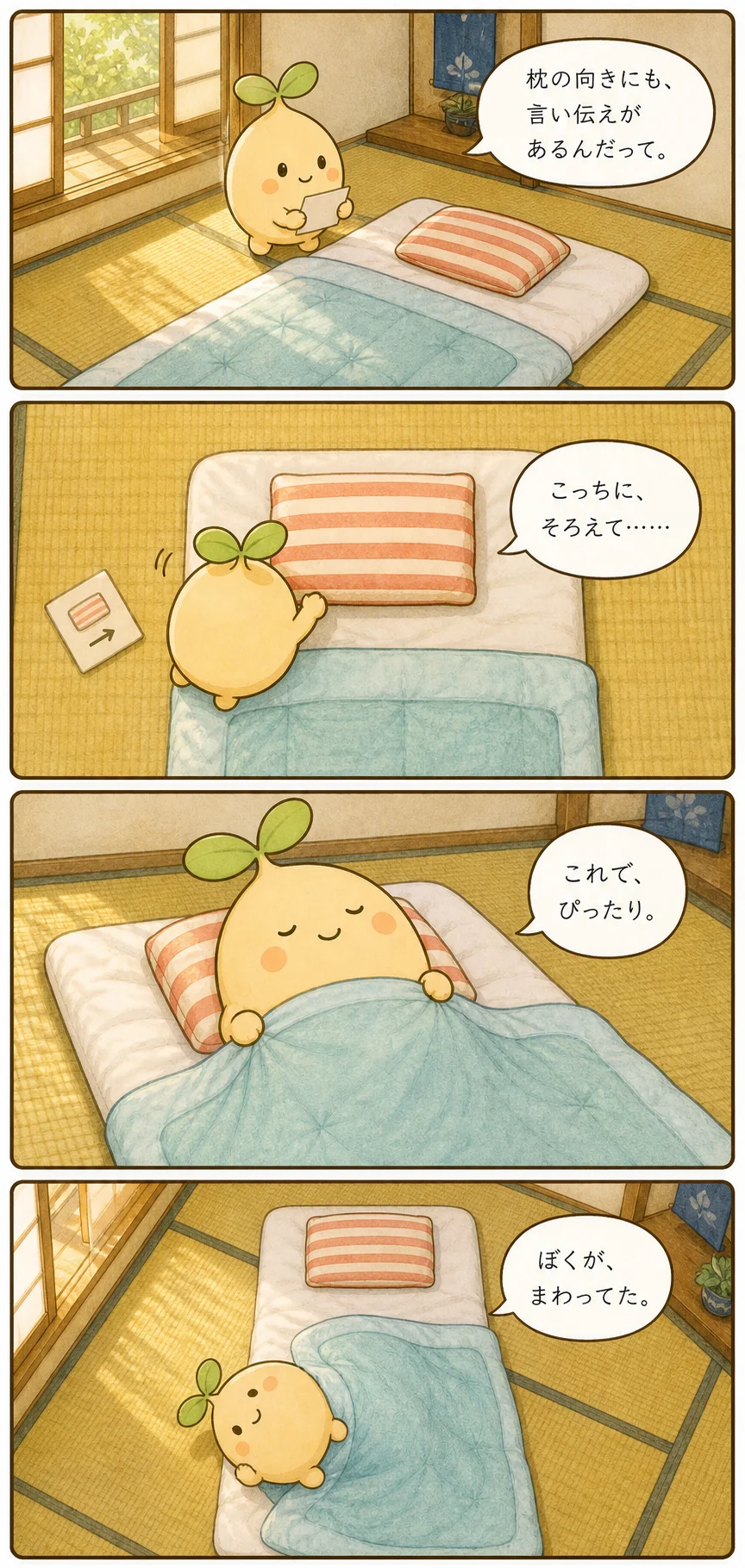 枕の向きを丁寧にそろえたムクが、眠っている間に自分だけ横向きになっていた台詞入り4コマ