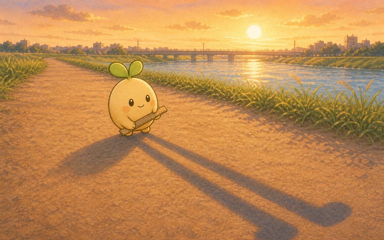 夕暮れの川辺で、長く伸びた自分の影を見るムク