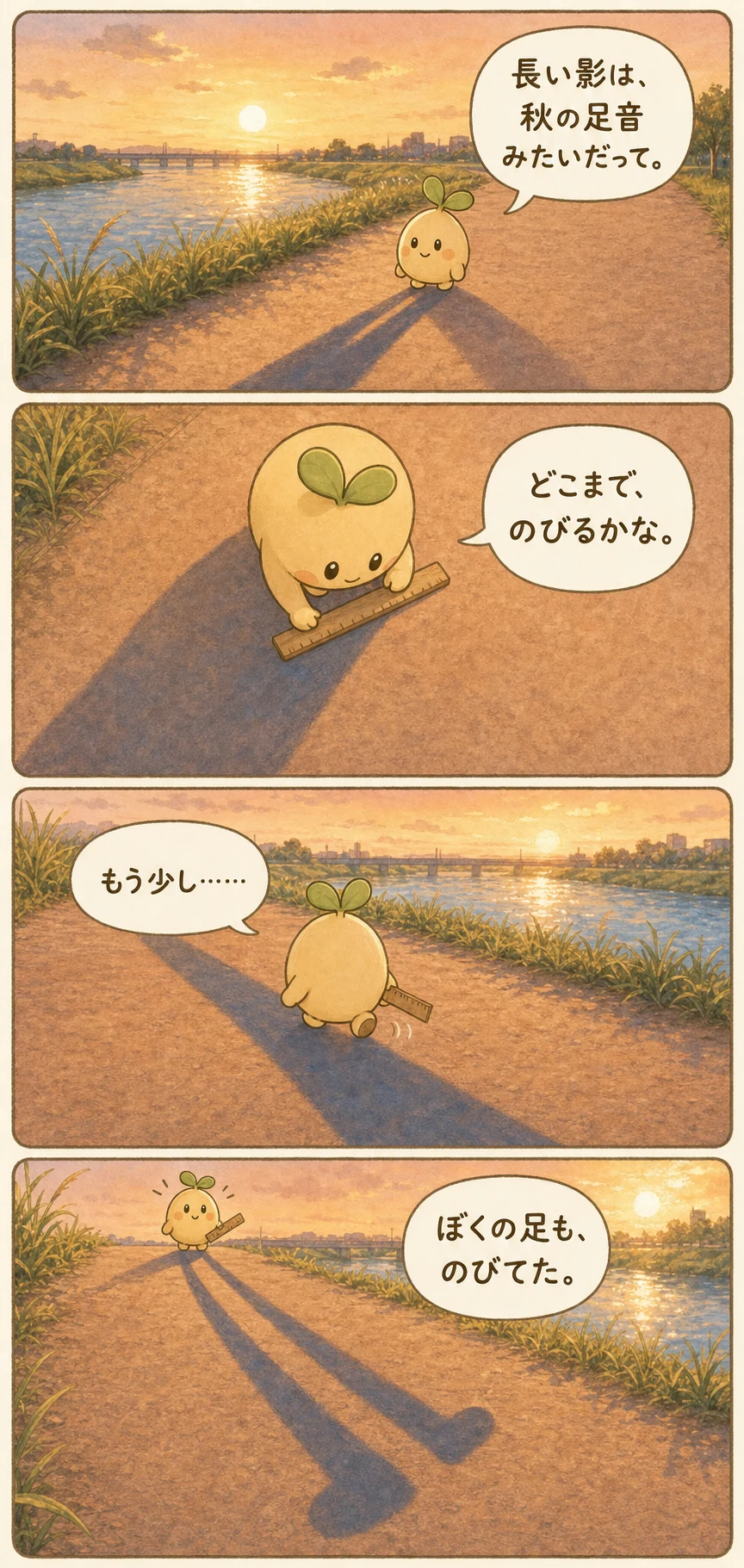 夕暮れの川辺で長い影を定規で追いかけ、影の足まで長くなったことに気づくムクの台詞入り4コマ