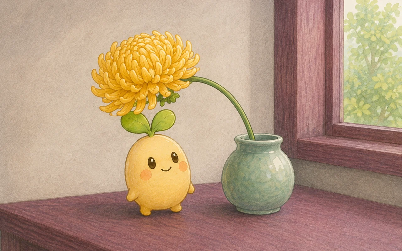 窓辺の飾り棚で、菊の花に寄り添うムクと青磁色の花びん