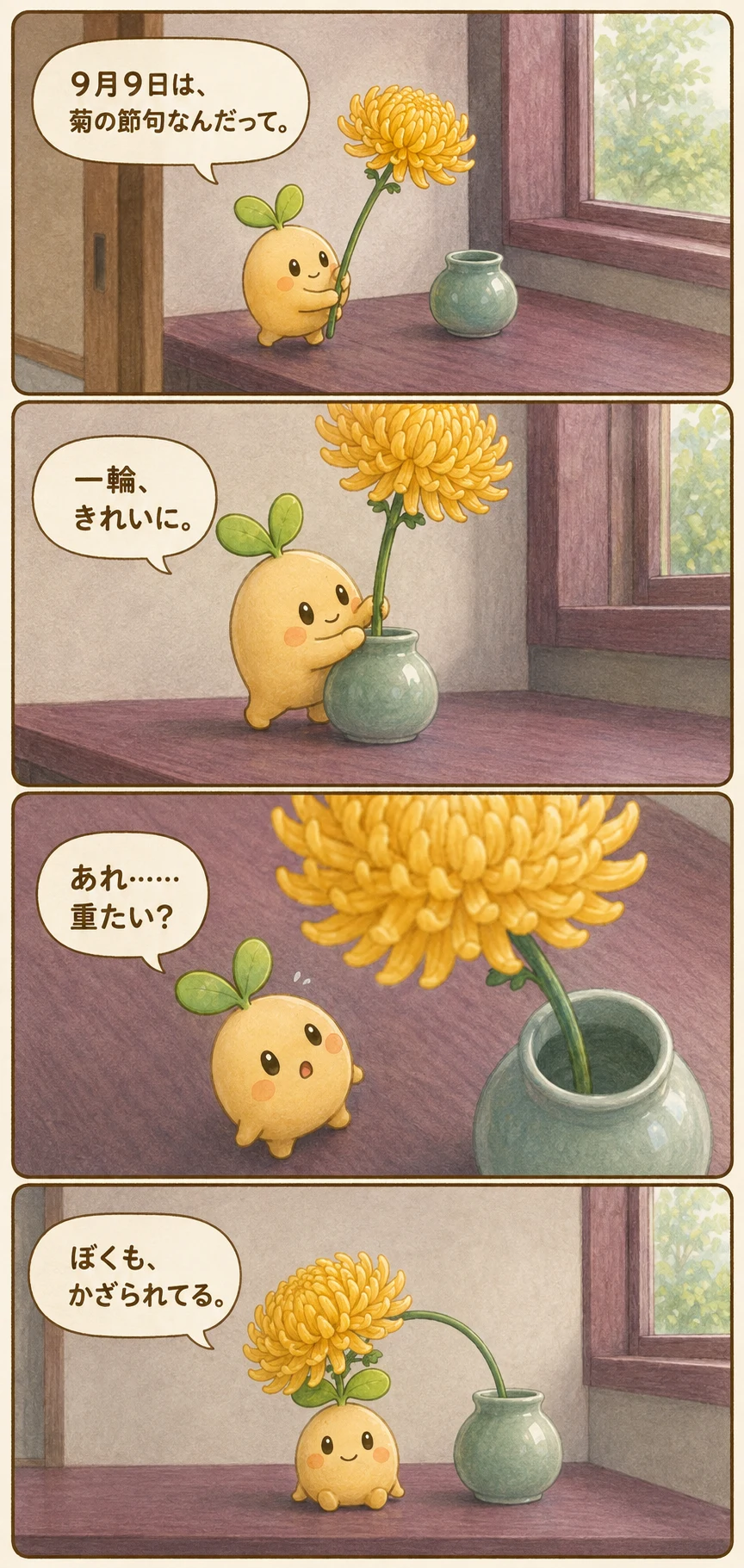 9月9日の菊を花びんに飾ったムクが、傾いた大輪の下で自分も飾りになった台詞入り4コマ