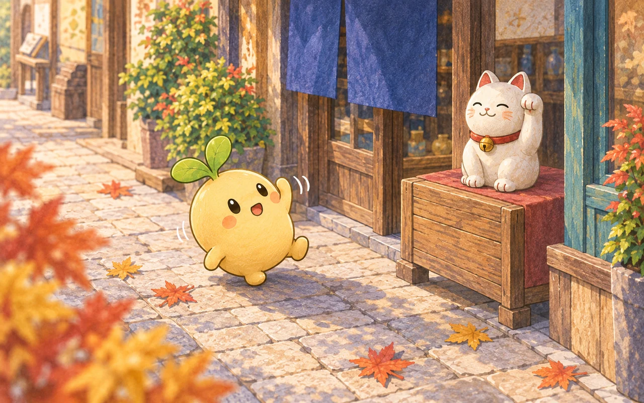 初秋の商店街で、招き猫をまねて片手と片足を上げるムク