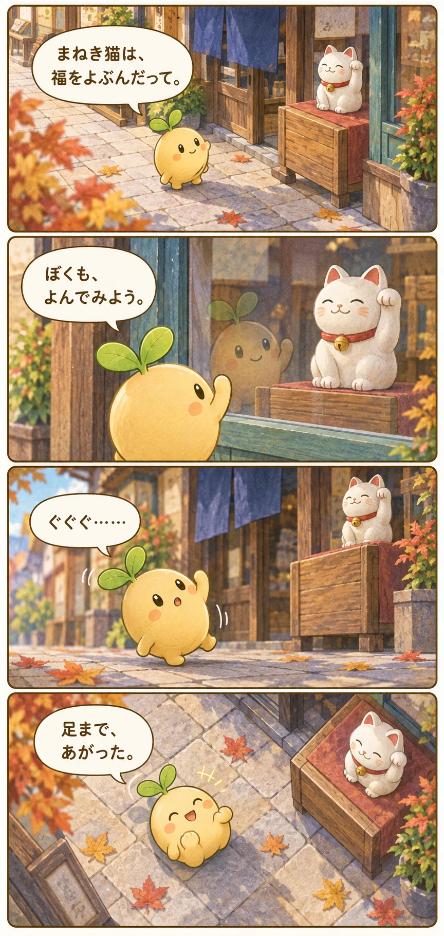 秋の商店街で招き猫をまねたムクが、片手を上げてぐらつき、しりもちで足まで上げる台詞入り4コマ