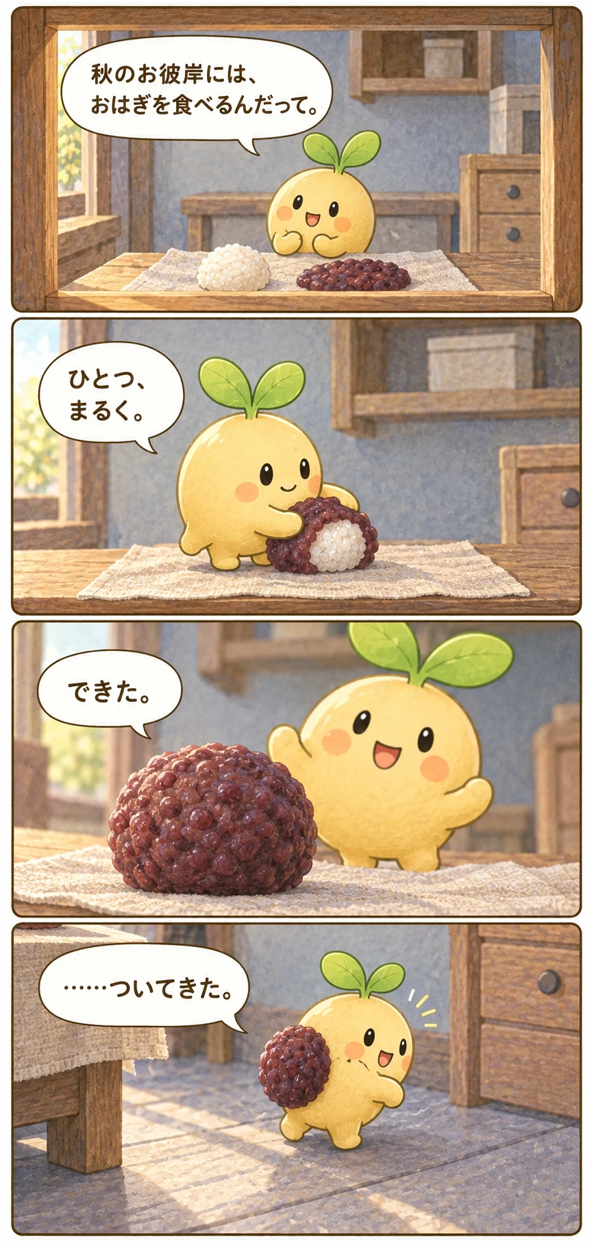秋のお彼岸におはぎを作ったムクが、背中にくっついた一つへ振り向く台詞入り4コマ