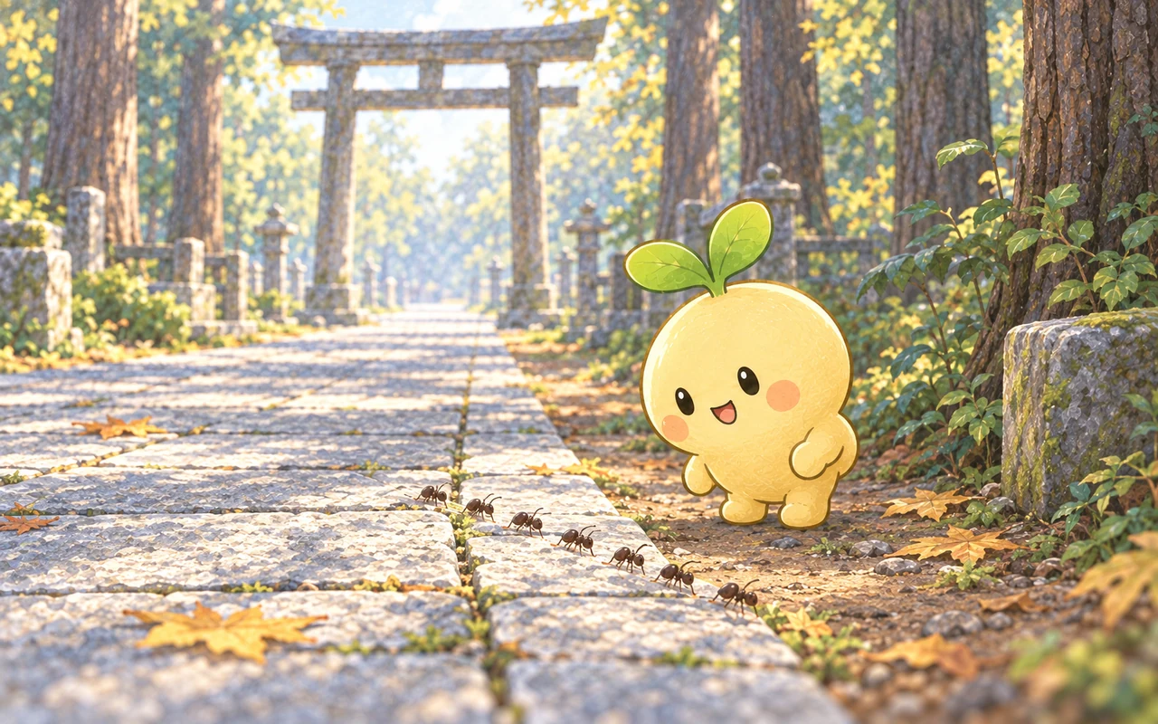 初秋の神社の参道で、アリの行列へ道を譲るムク