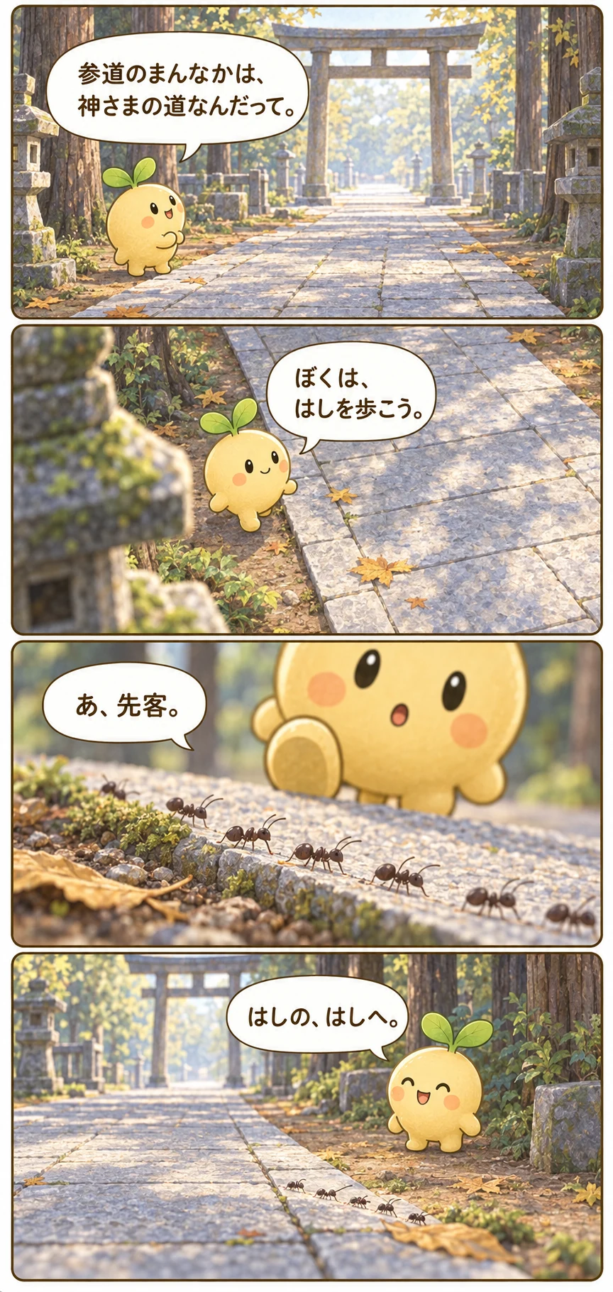神社の参道で中央を空けて歩くムクが、道の端のアリの行列へさらに道を譲る台詞入り4コマ
